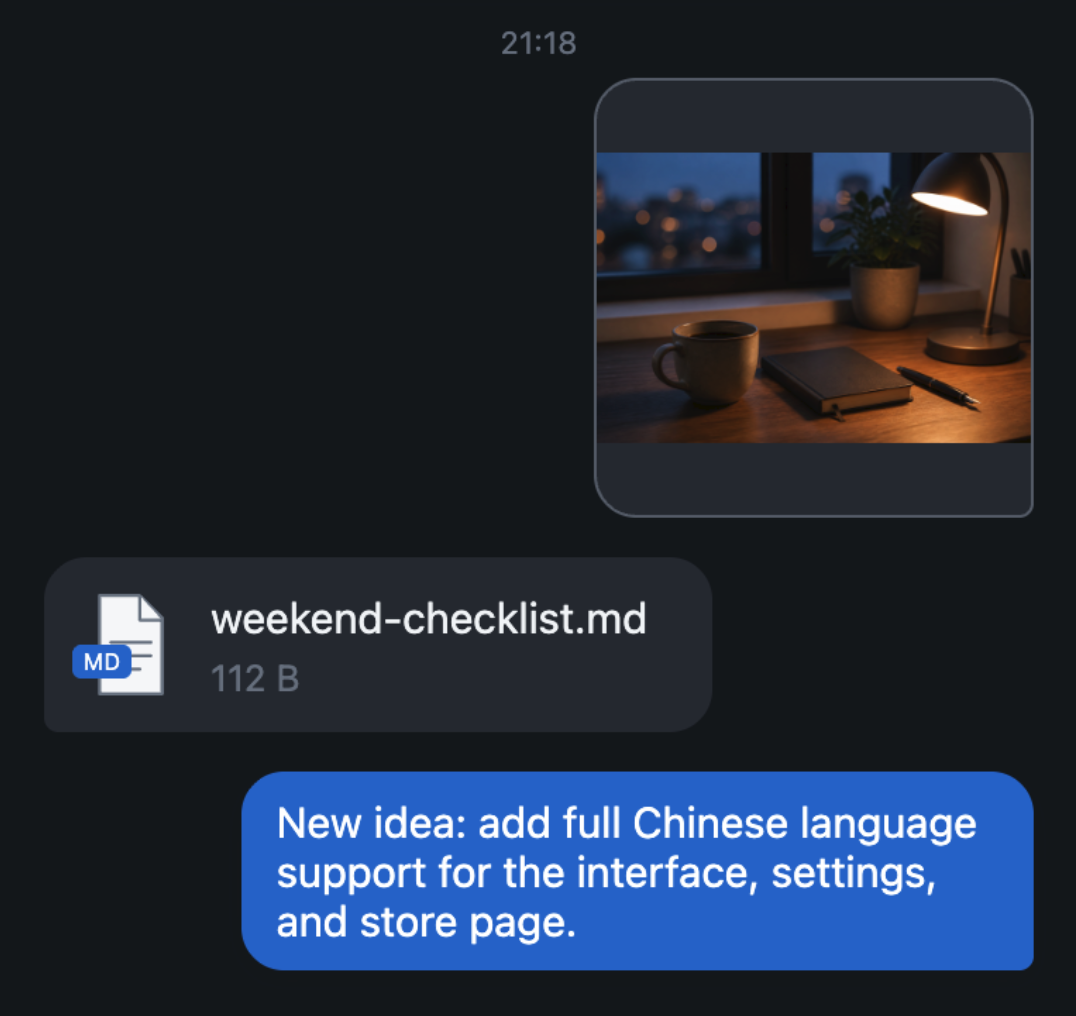 OneDrop conversation with an image, file, and text message