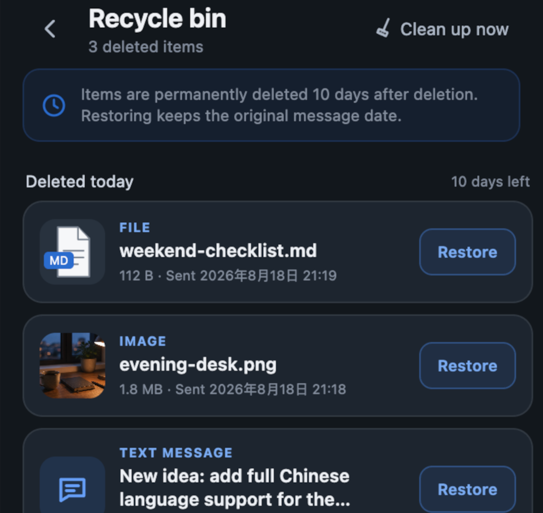 OneDrop recycle bin with restorable deleted items