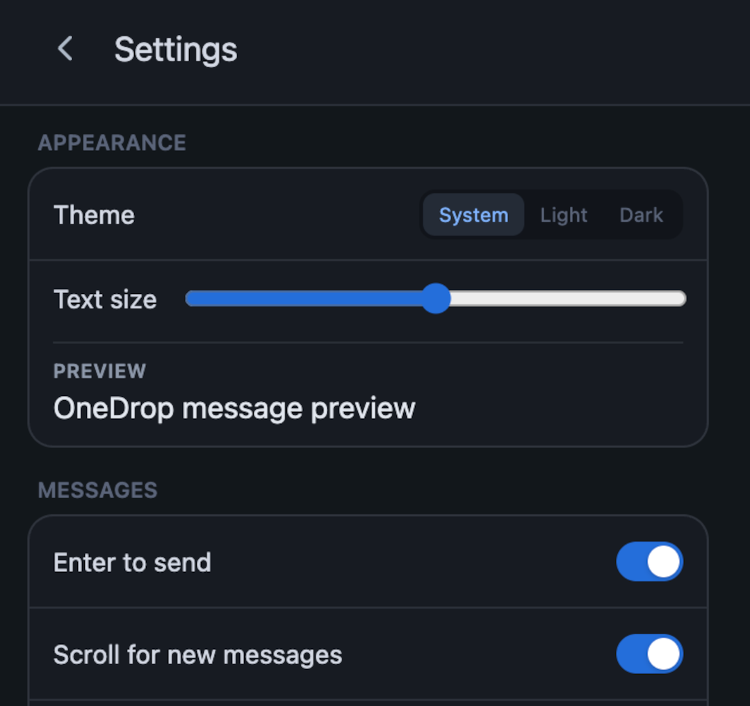 OneDrop appearance and message settings